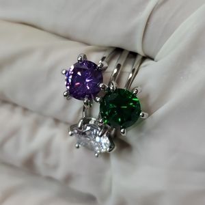 3 NEW 6-Prong Silver Bling Rings/Clear-Green-Purple/Large Showy Cut Glass-Sz 9.5